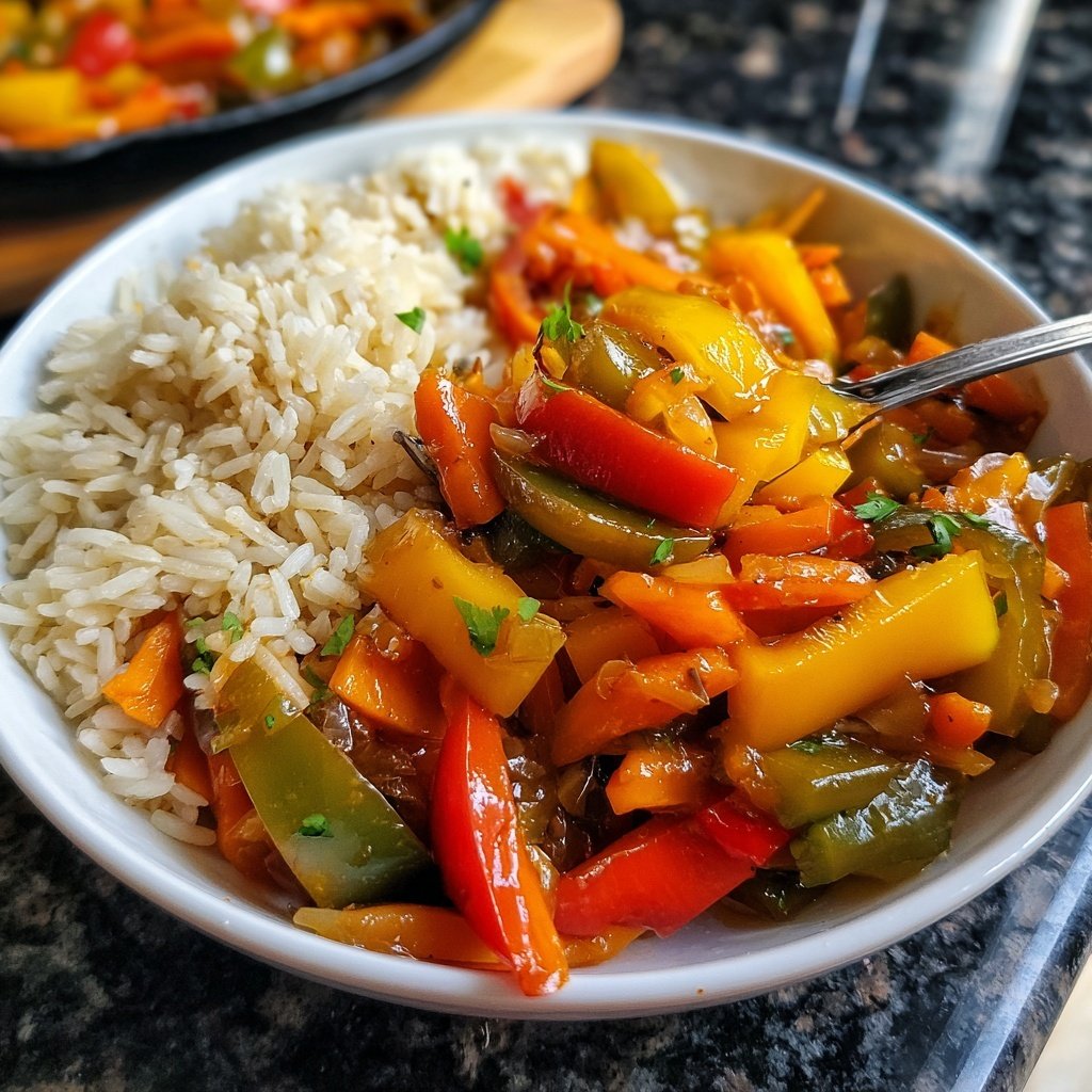 Mittagessen mit Gemüsepfanne und Reis